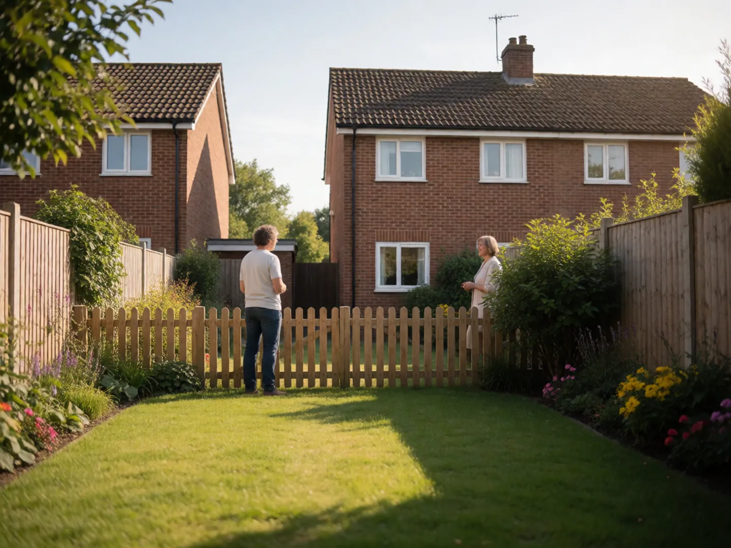 Two neighbours chatting across a low picket fence between back gardens on a sunny afternoon, seen from a distance